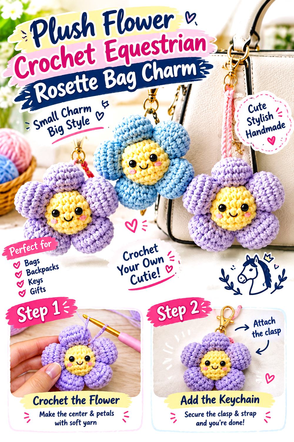 Plush Flower Crochet Equestrian Rosette Bag Charm