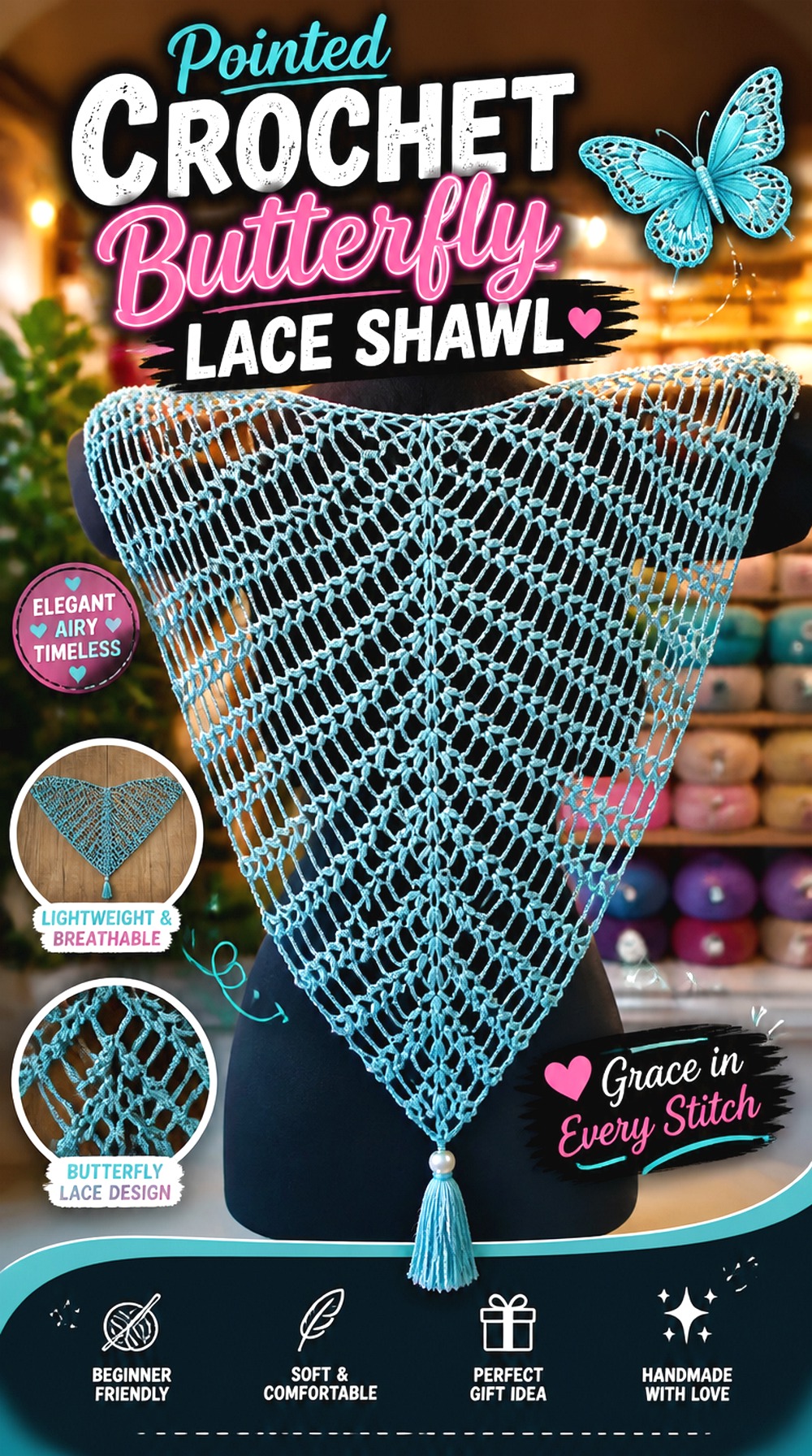 Pointed Crochet Butterfly Lace Shawl