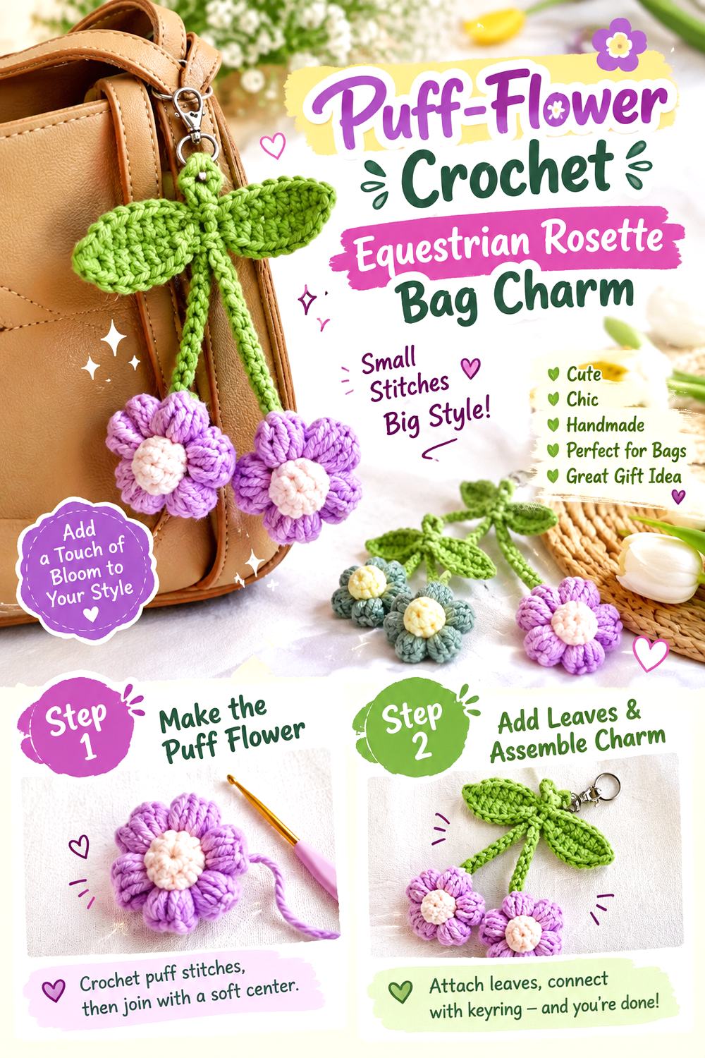 Puff Flower Crochet Equestrian Rosette Bag Charm