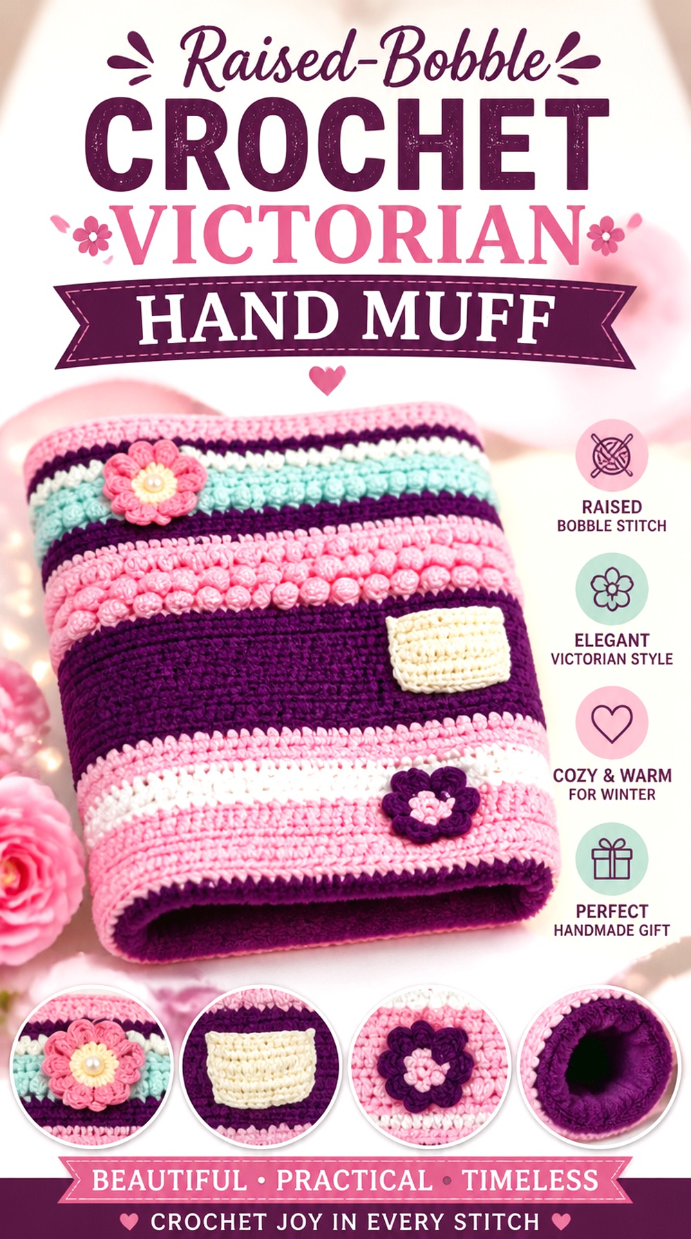 Raised Bobble Crochet Victorian Hand Muff