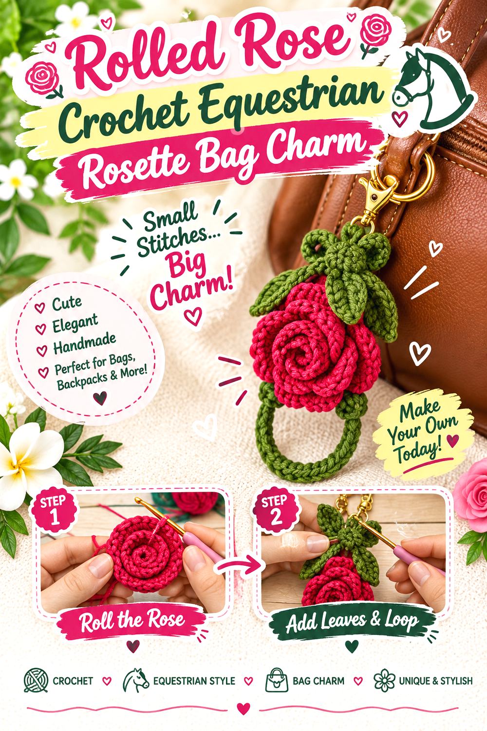 Rolled Rose Crochet Equestrian Rosette Bag Charm