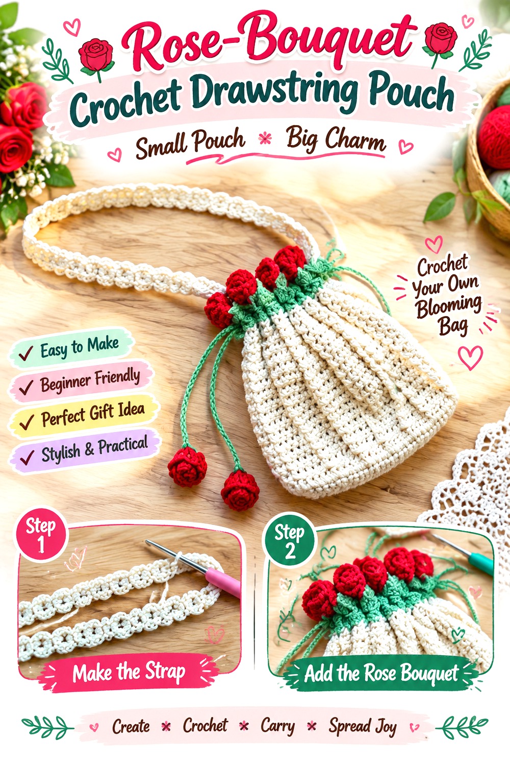 Rose Bouquet Crochet Drawstring Pouch