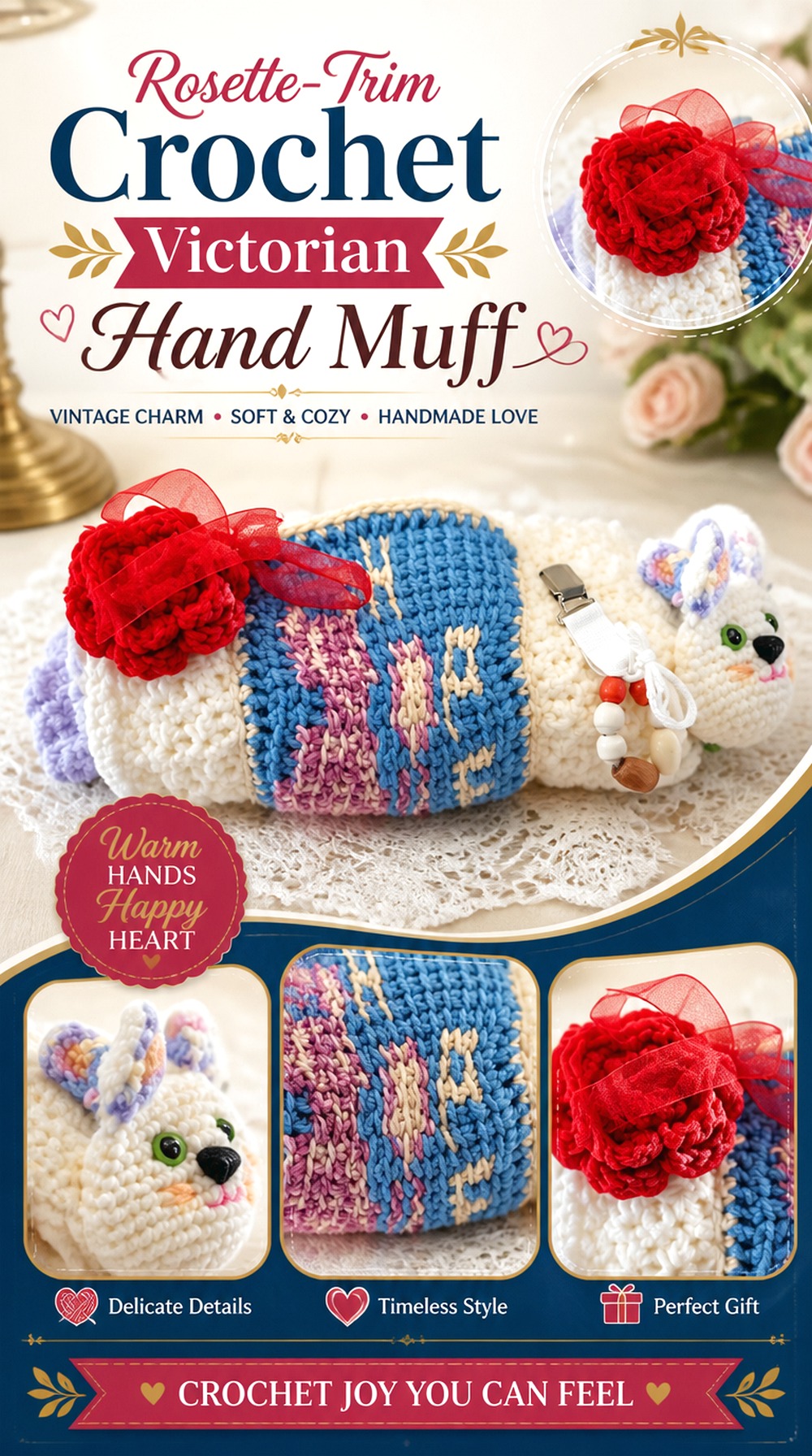Rosette Trim Crochet Victorian Hand Muff