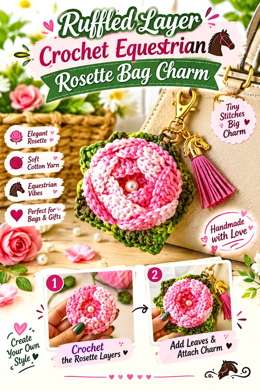 Ruffled Layer Crochet Equestrian Rosette Bag Charm