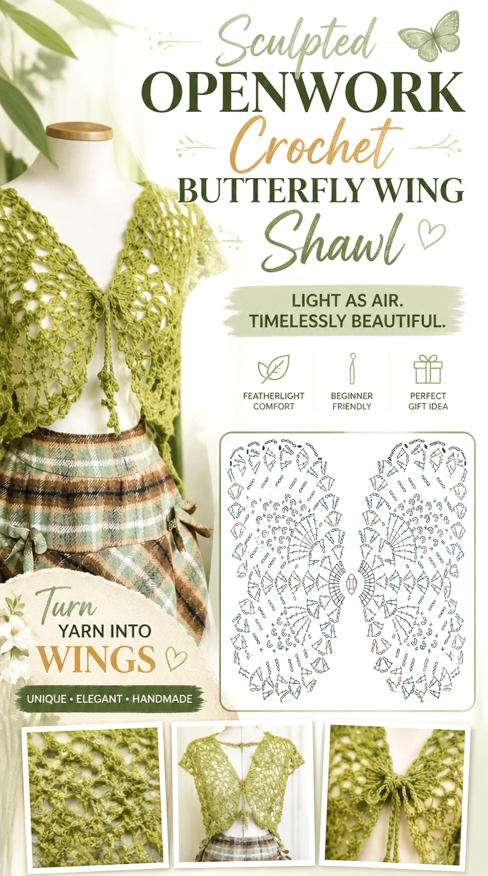 Sculpted Openwork Crochet Butterfly Wing Shawl