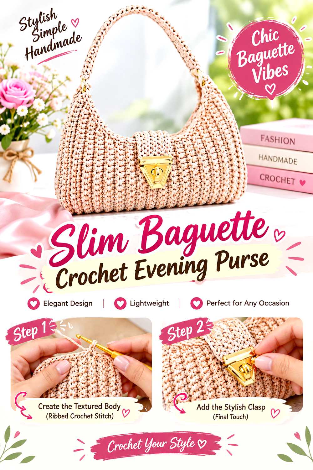 Slim Baguette Crochet Evening Purse