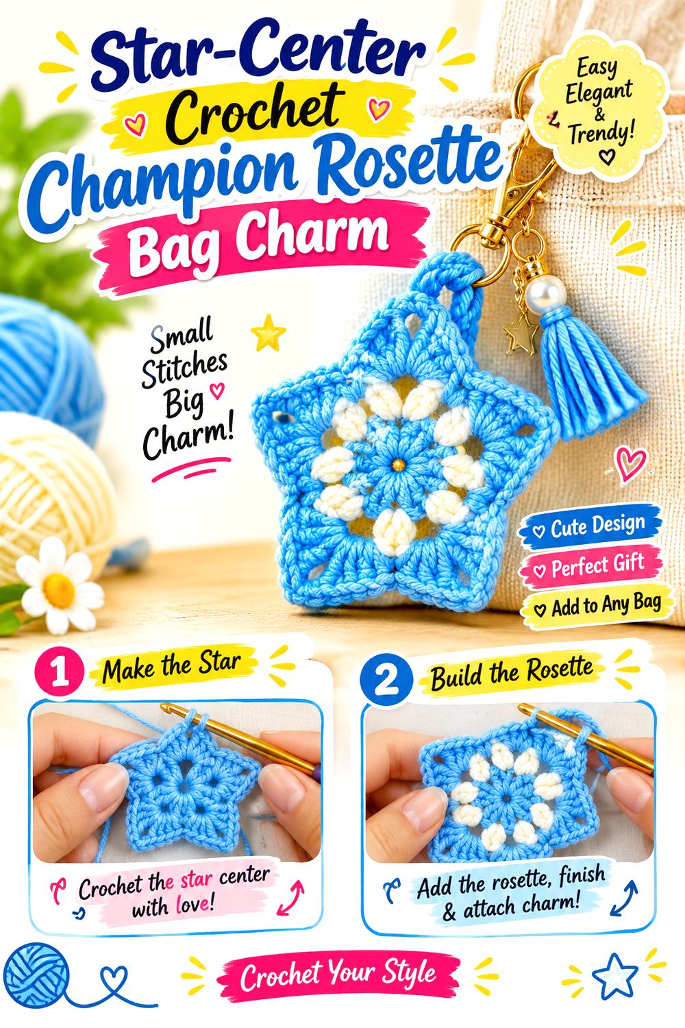 Star Center Crochet Champion Rosette Bag Charm