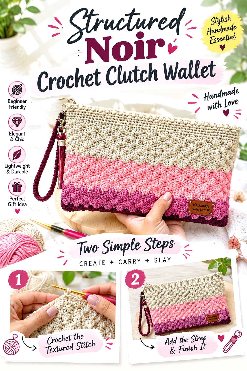 Structured Noir Crochet Clutch Wallet