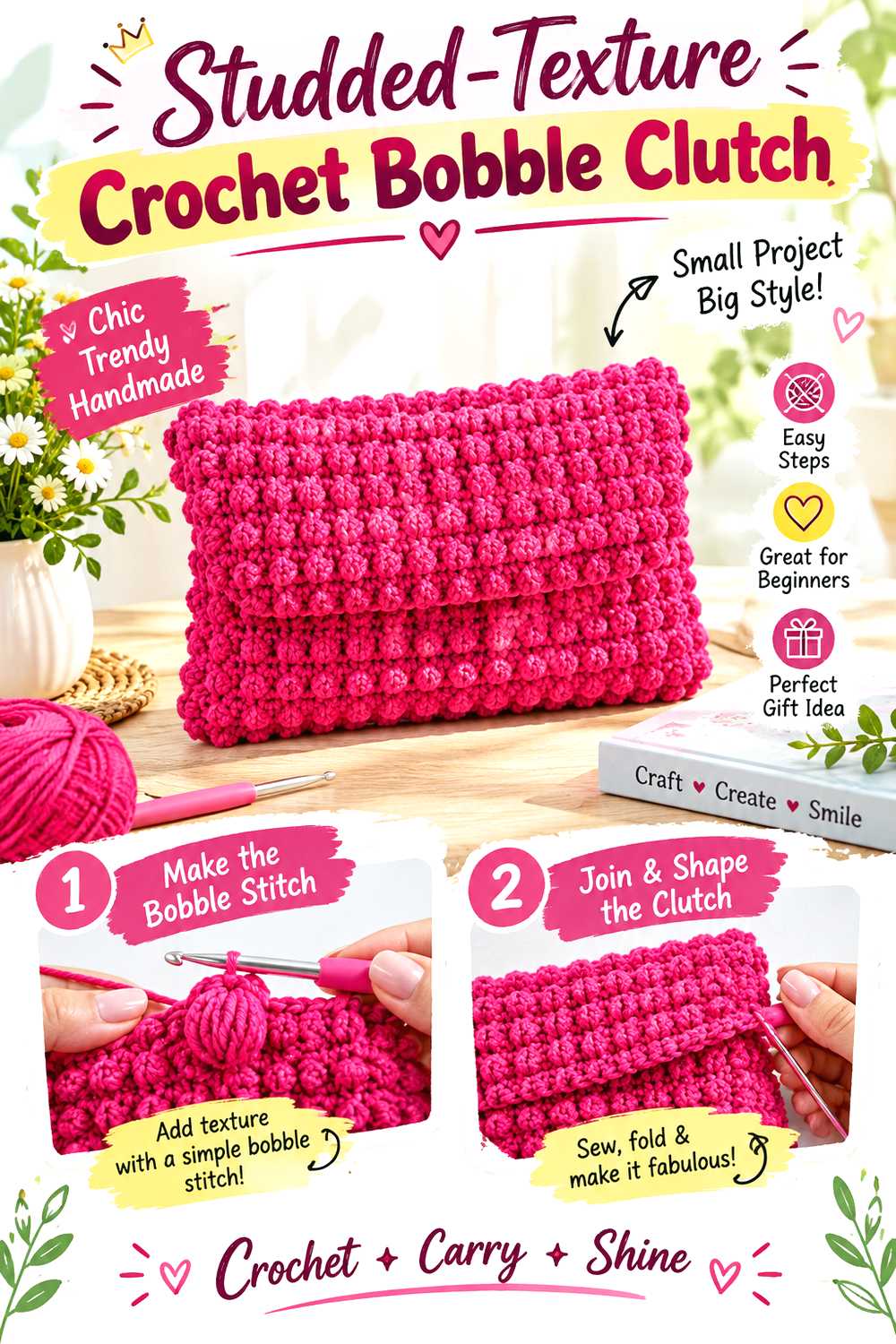 Studded Texture Crochet Bobble Clutch