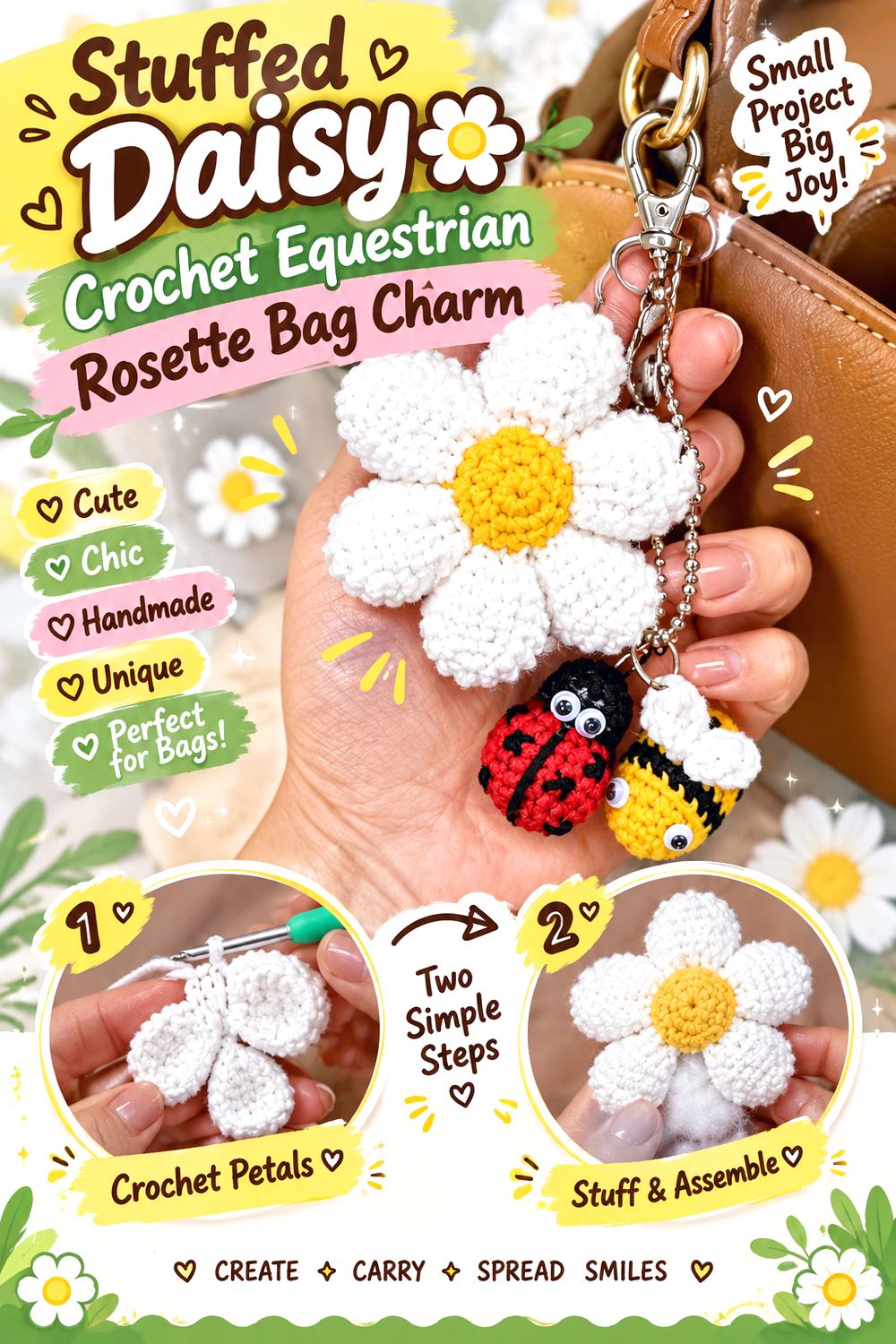 Stuffed Daisy Crochet Equestrian Rosette Bag Charm