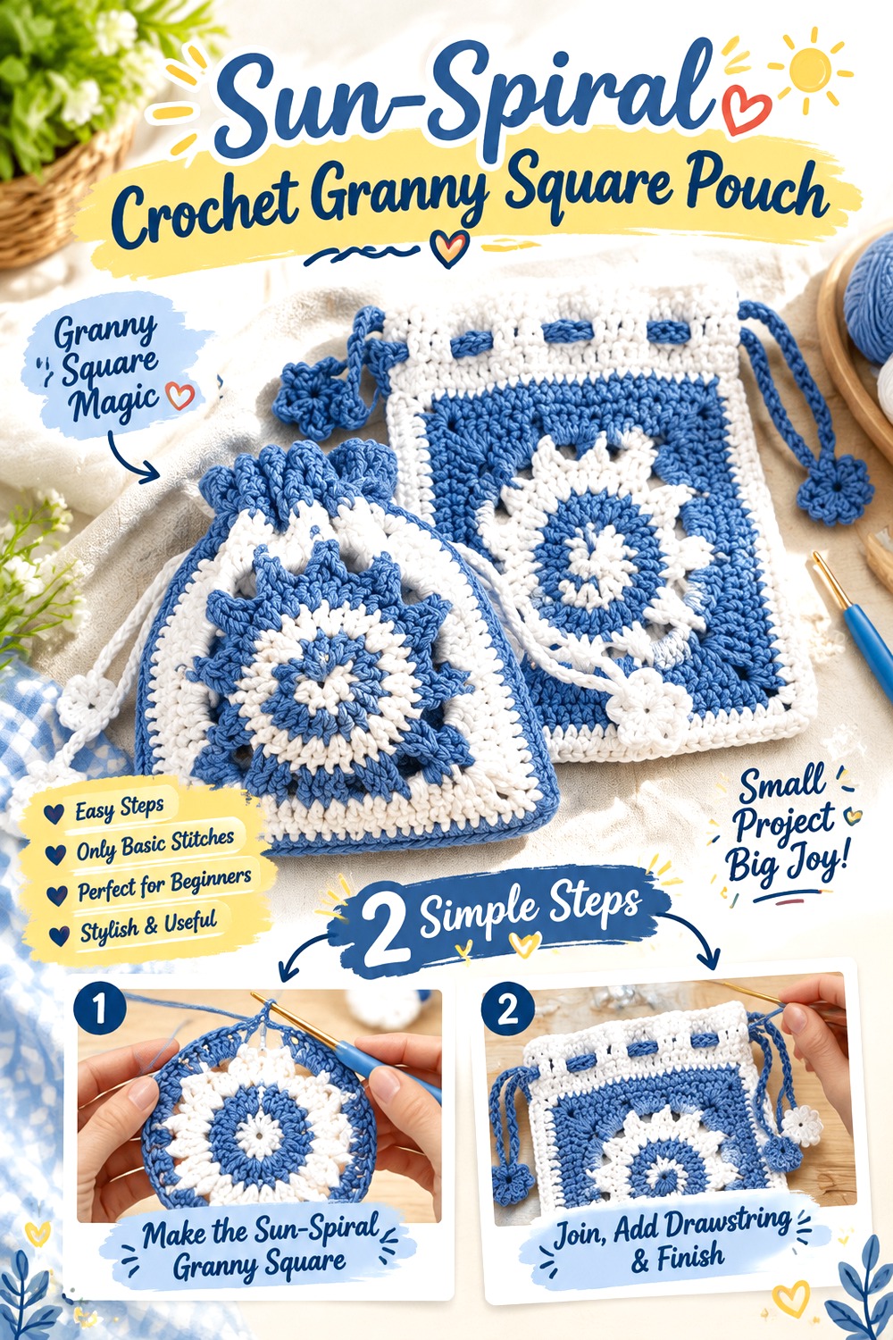 Sun Spiral Crochet Granny Square Pouch
