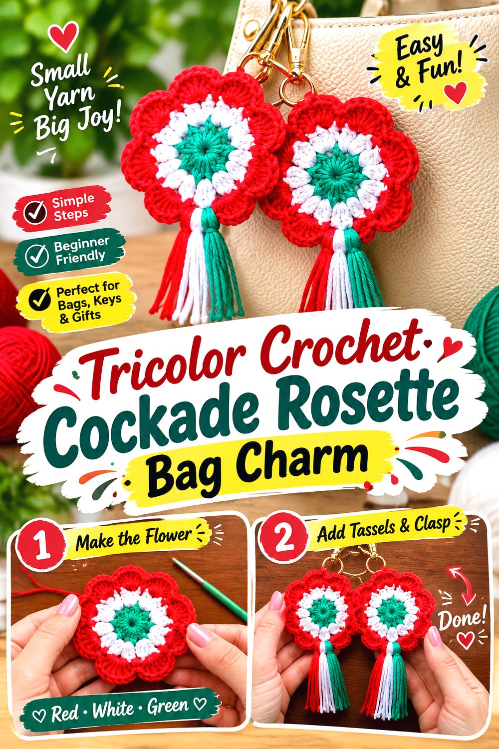 Tricolor Crochet Cockade Rosette Bag Charm