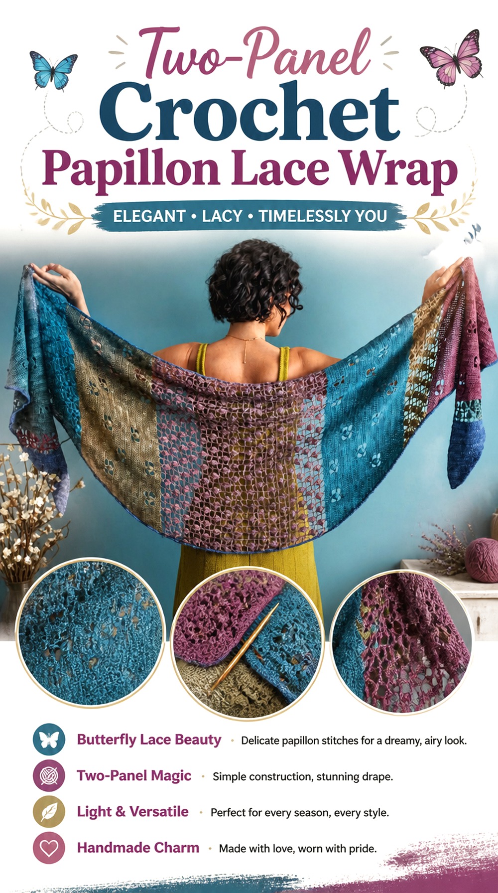 Two Panel Crochet Papillon Lace Wrap