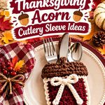 Crochet Burgundy and Cream Thanksgiving Acorn Cutlery Sleeve Ideas