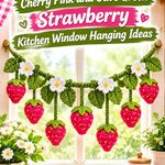 Crochet Cherry Pink and Olive Green Strawberry Kitchen Window Hanging Ideas
