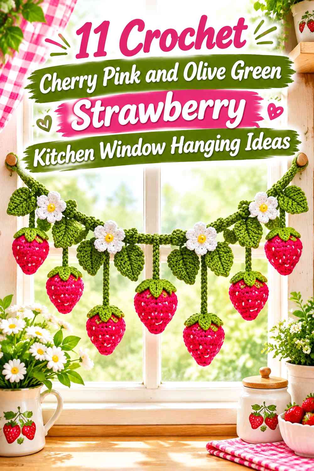 Crochet Cherry Pink and Olive Green Strawberry Kitchen Window Hanging Ideas
