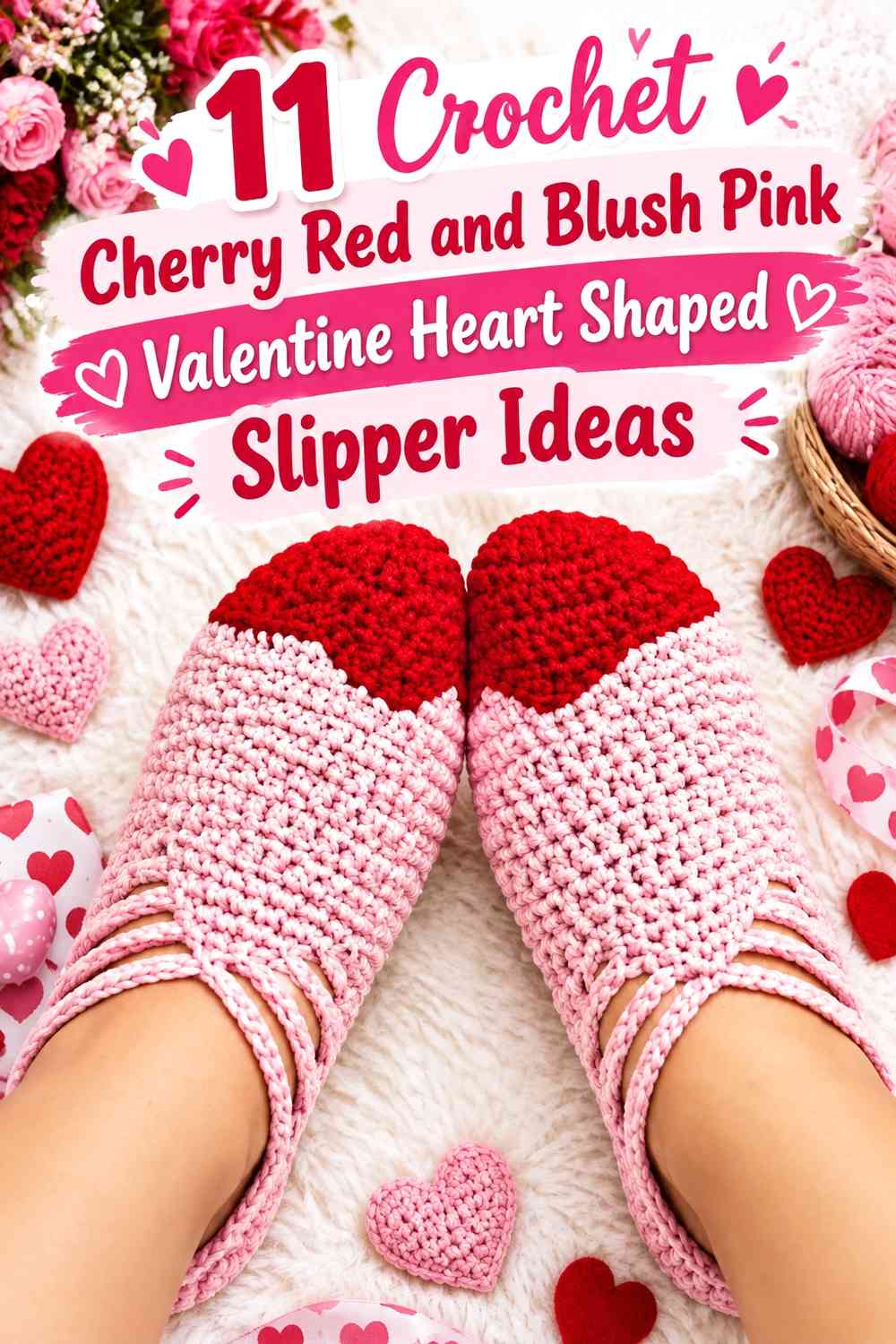 Crochet Cherry Red and Blush Pink Valentine Heart Shaped Slipper Ideas