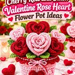 Crochet Cherry Red and Blush Valentine Rose Heart Flower Pot Ideas
