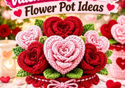 Crochet Cherry Red and Blush Valentine Rose Heart Flower Pot Ideas