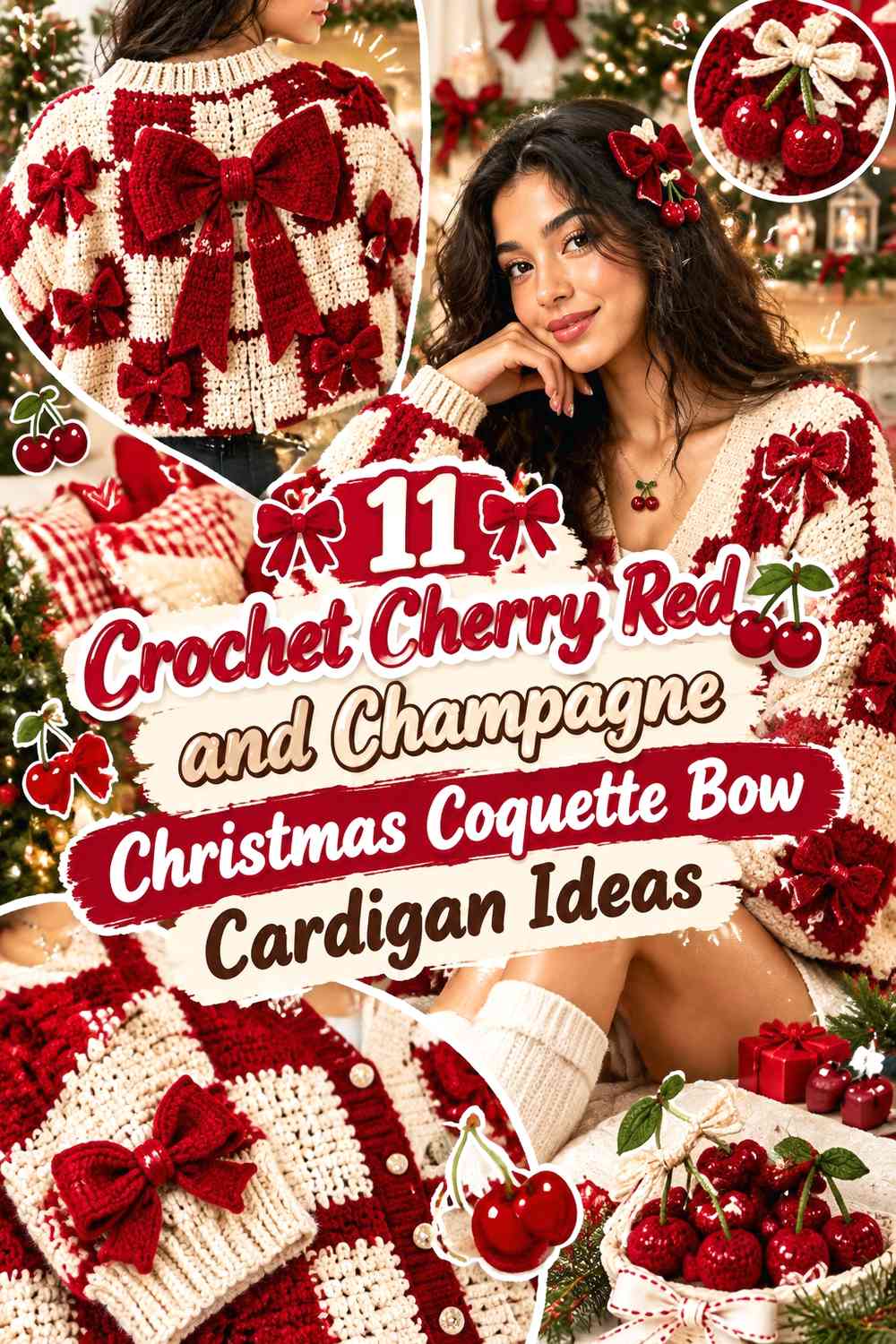 Crochet Cherry Red and Champagne Christmas Coquette Bow Cardigan Ideas