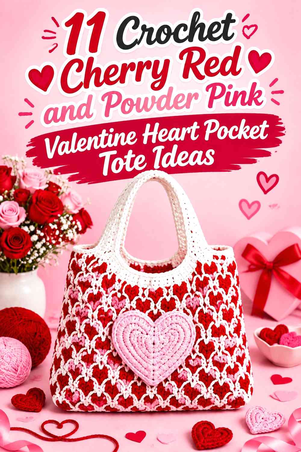 Crochet Cherry Red and Powder Pink Valentine Heart Pocket Tote Ideas