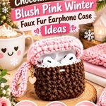 Chocolate Brown and Blush Pink Crochet Winter Faux Fur Earphone Case Ideas
