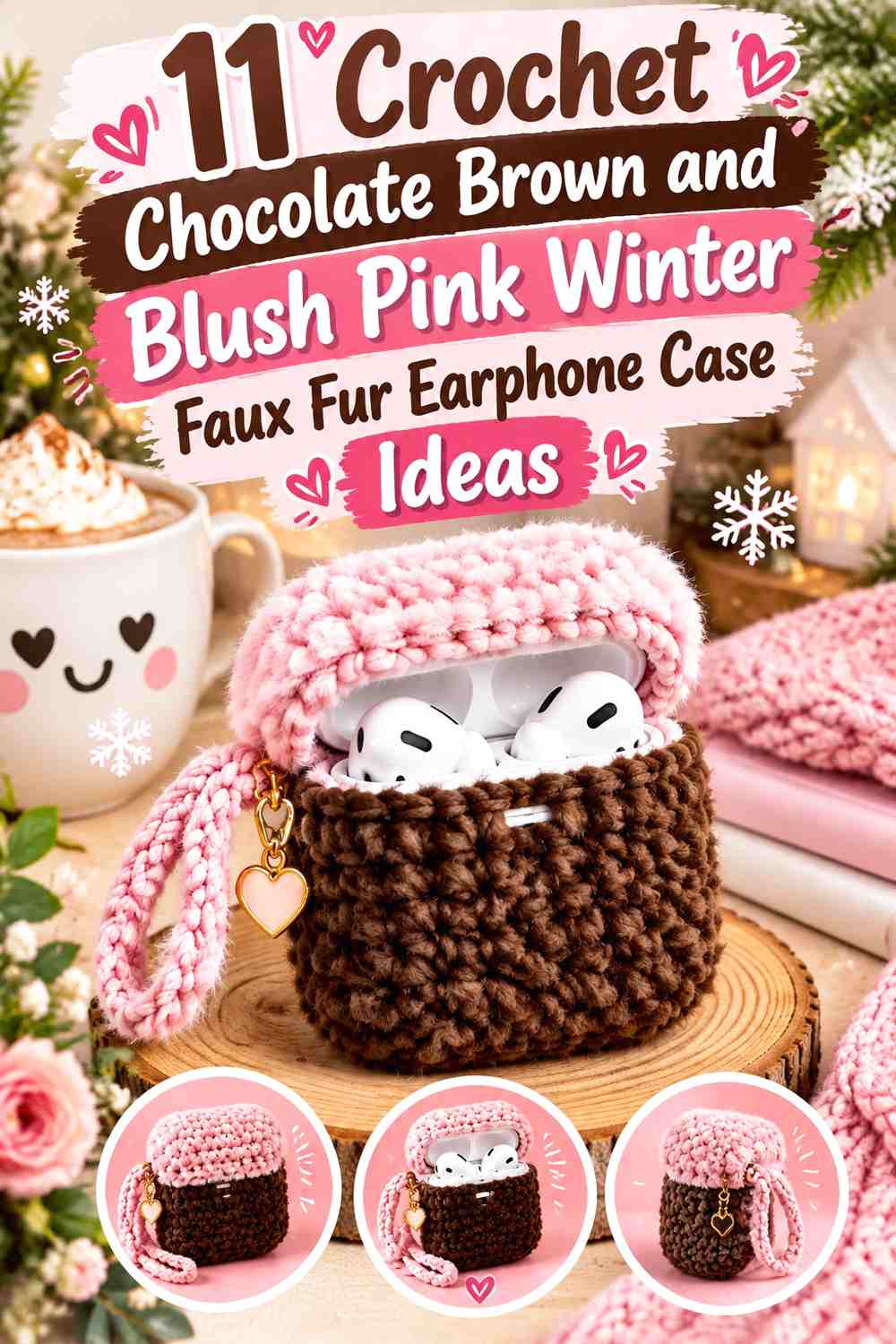 Chocolate Brown and Blush Pink Crochet Winter Faux Fur Earphone Case Ideas