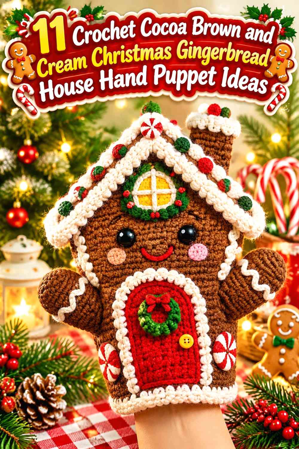Crochet Cocoa Brown and Cream Christmas Gingerbread House Hand Puppet Ideas