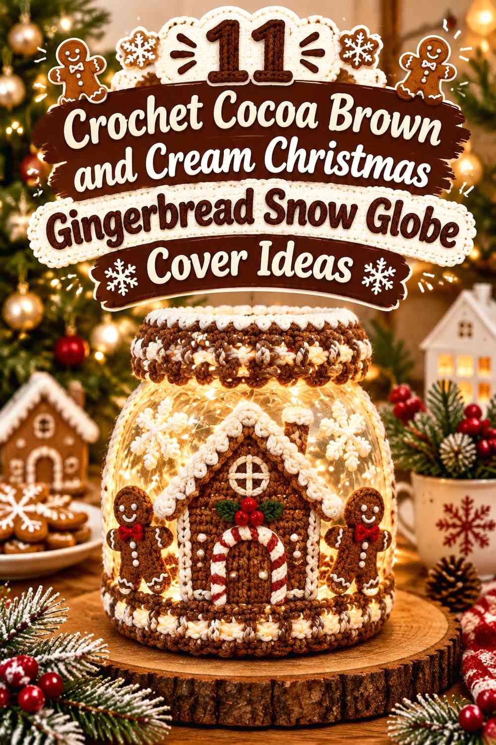 Crochet Cocoa Brown and Cream Christmas Gingerbread Snow Globe Cover Ideas