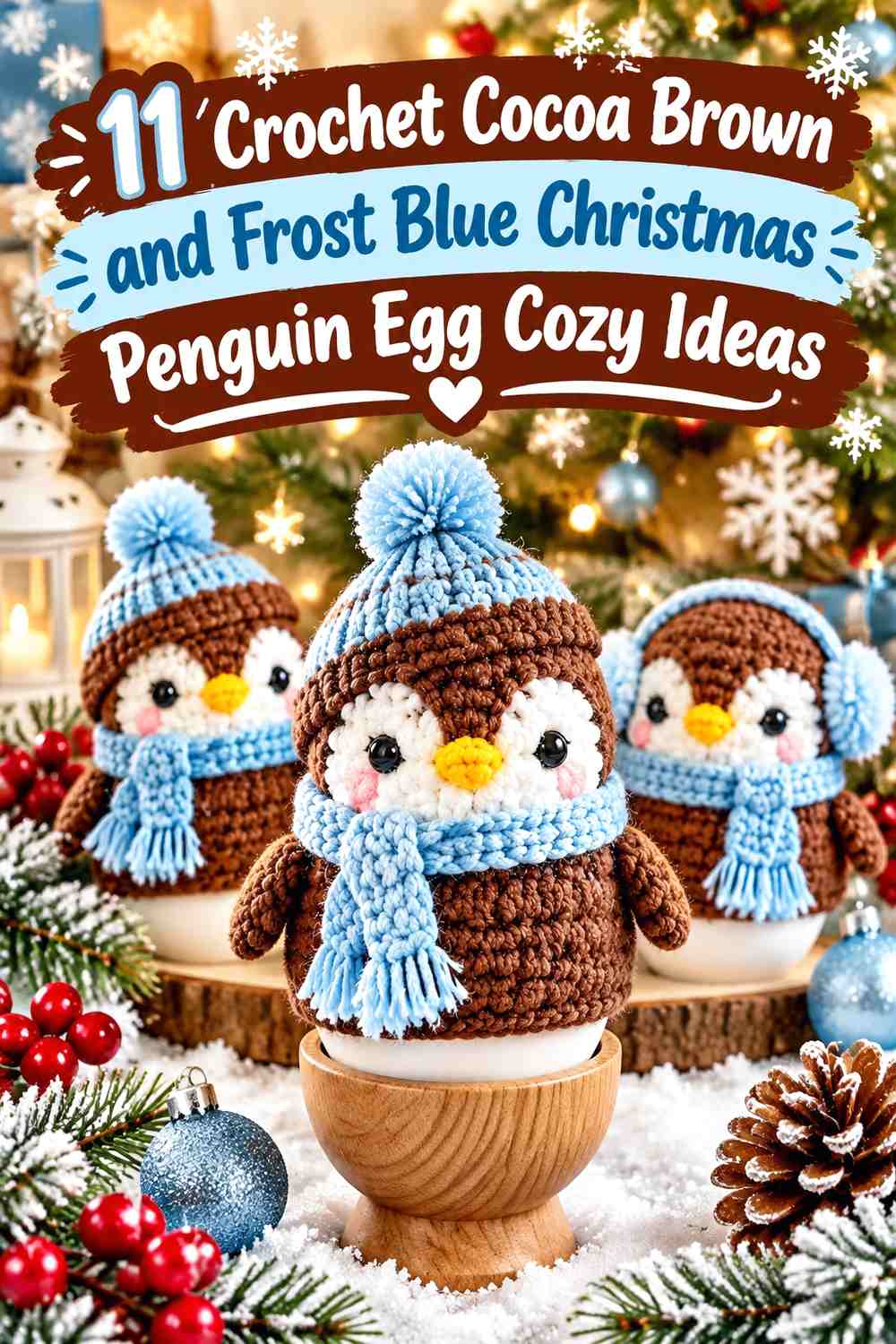 Crochet Cocoa Brown and Frost Blue Christmas Penguin Egg Cozy Ideas