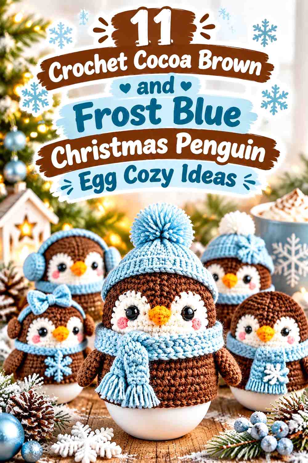 Crochet Cocoa Brown and Frost Blue Christmas Penguin Egg Cozy Ideas