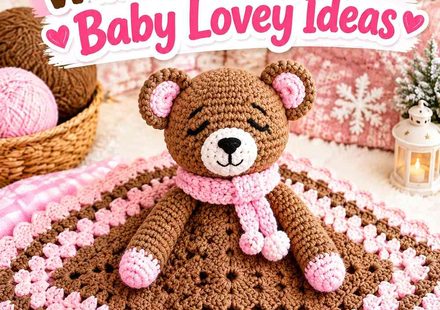 Crochet Cocoa Brown and Powder Pink Winter Teddy Bear Baby Lovey Ideas