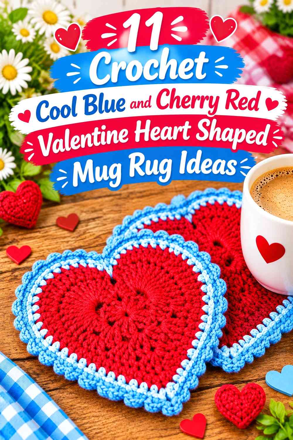 Crochet Cool Blue and Cherry Red Valentine Heart Shaped Mug Rug Ideas