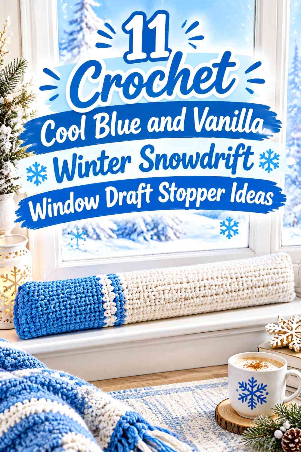 Crochet Cool Blue and Vanilla Winter Snowdrift Window Draft Stopper Ideas