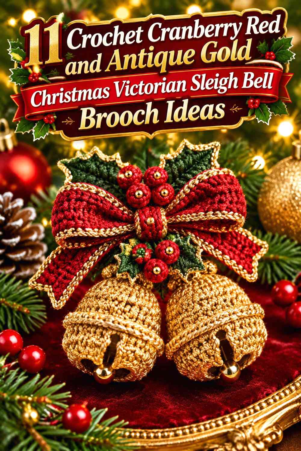 Crochet Cranberry Red and Antique Gold Christmas Victorian Sleigh Bell Brooch Ideas