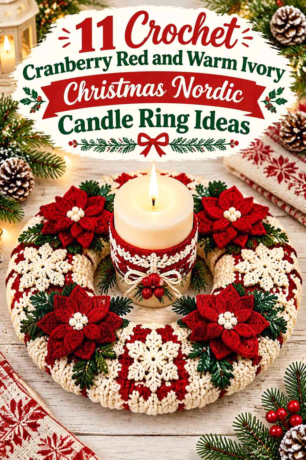 Crochet Cranberry Red and Warm Ivory Christmas Nordic Candle Ring Ideas