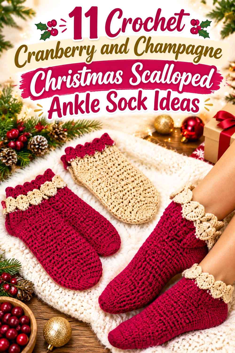 Crochet Cranberry and Champagne Christmas Scalloped Ankle Sock Ideas