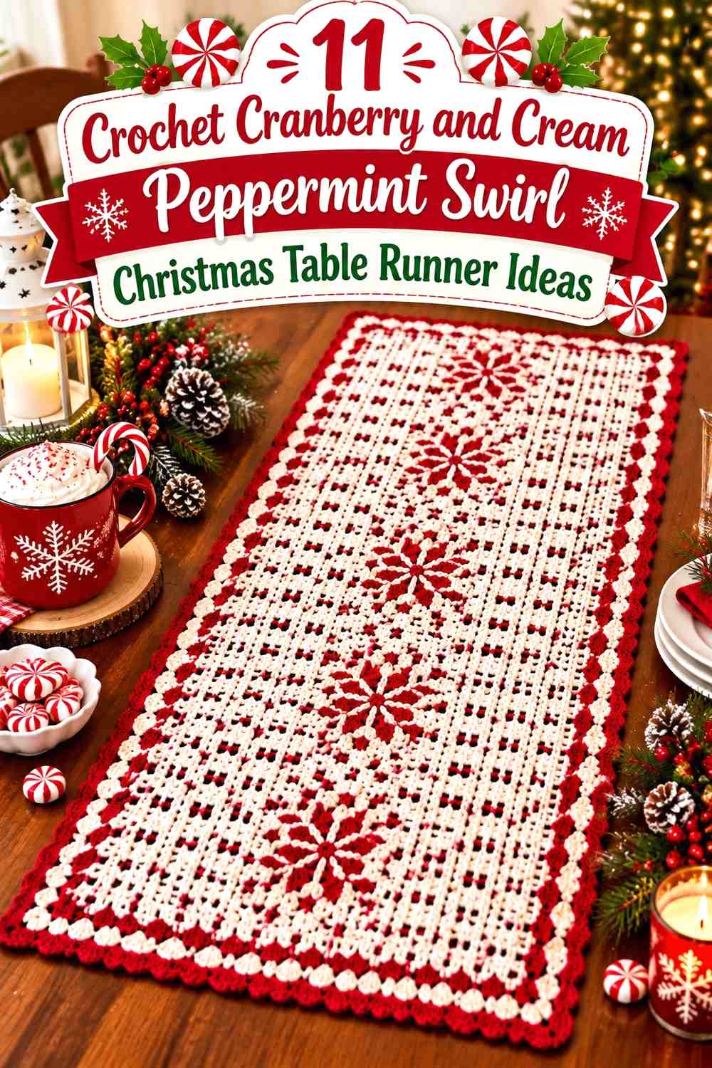 Crochet Cranberry and Cream Peppermint Swirl Christmas Table Runner Ideas