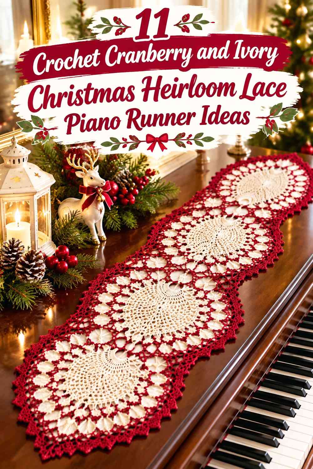 Crochet Cranberry and Ivory Christmas Heirloom Lace Piano Runner Ideas