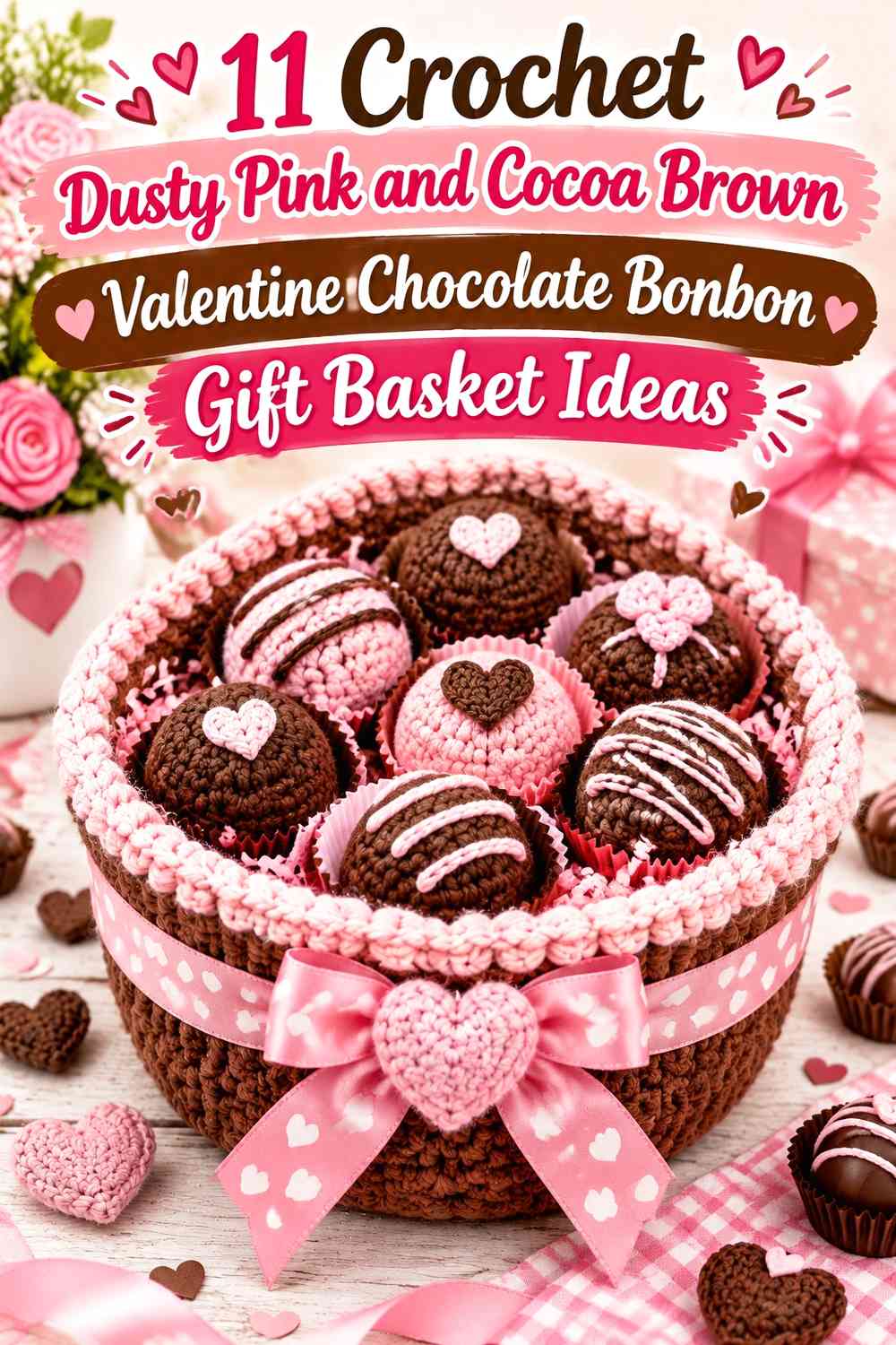 Crochet Dusty Pink and Cocoa Brown Valentine Chocolate Bonbon Gift Basket Ideas