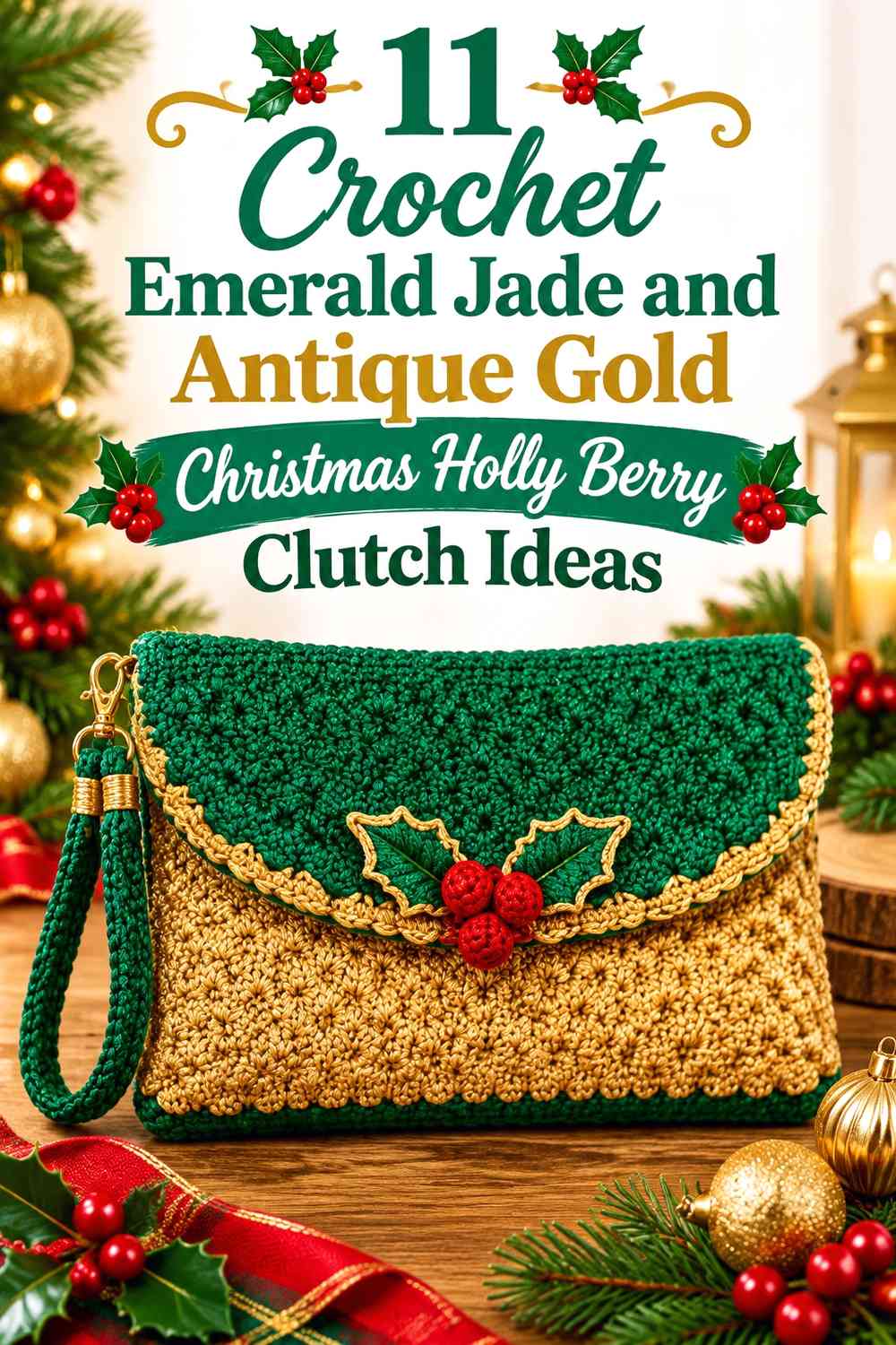 Crochet Emerald Jade and Antique Gold Christmas Holly Berry Clutch Ideas