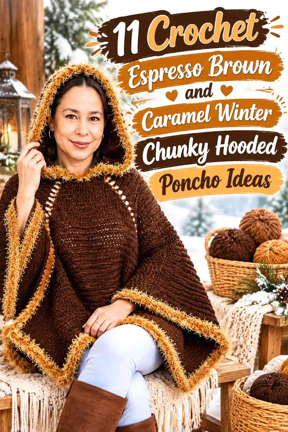 Crochet Espresso Brown and Caramel Winter Chunky Hooded Poncho Ideas