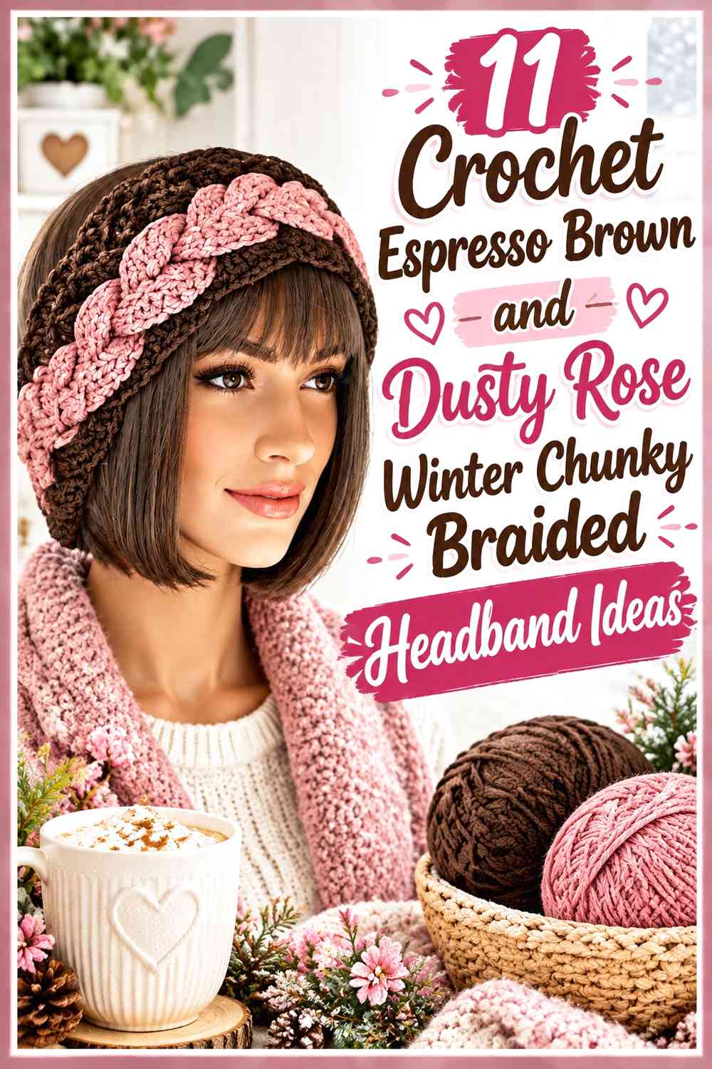 Crochet Espresso Brown and Dusty Rose Winter Chunky Braided Headband Ideas
