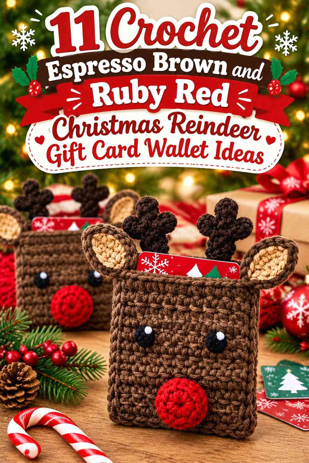 Crochet Espresso Brown and Ruby Red Christmas Reindeer Gift Card Wallet Ideas