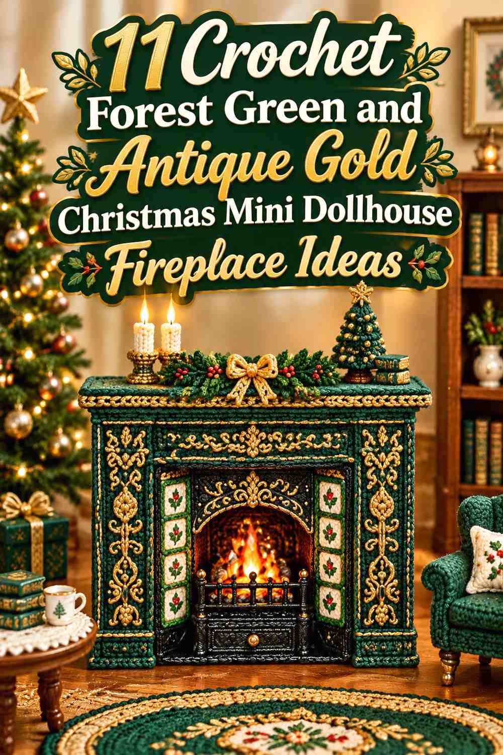 Crochet Forest Green and Antique Gold Christmas Mini Dollhouse Fireplace Ideas