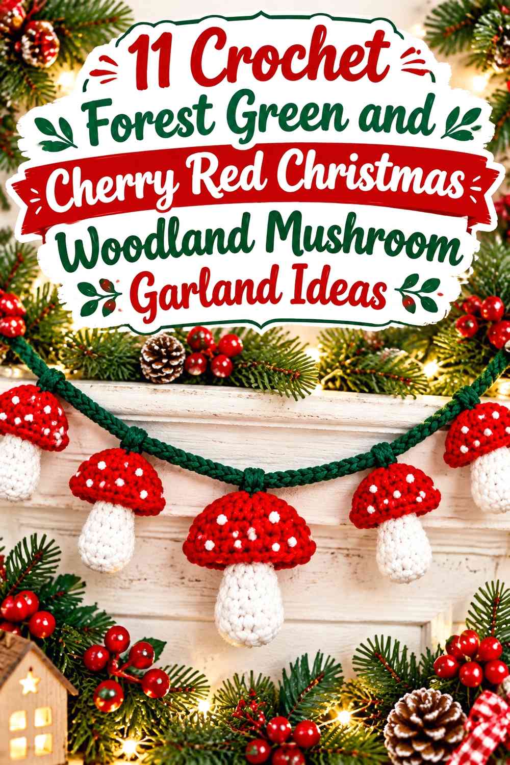 Crochet Forest Green and Cherry Red Christmas Woodland Mushroom Garland Ideas
