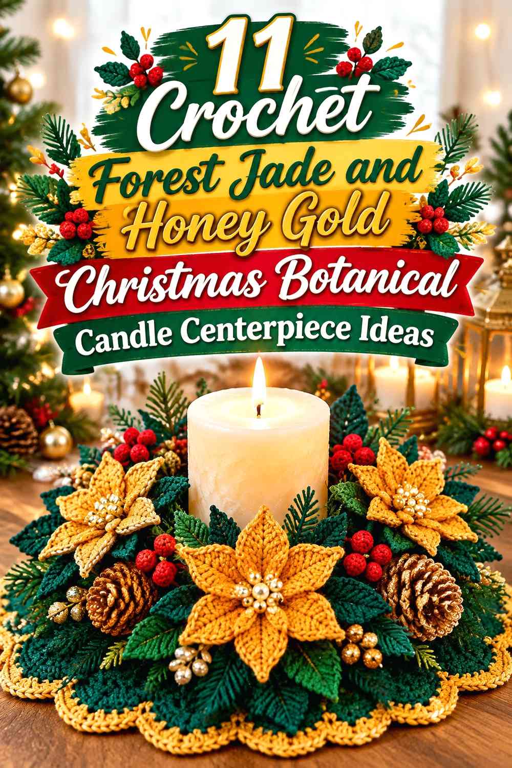 Crochet Forest Jade and Honey Gold Christmas Botanical Candle Centerpiece Ideas