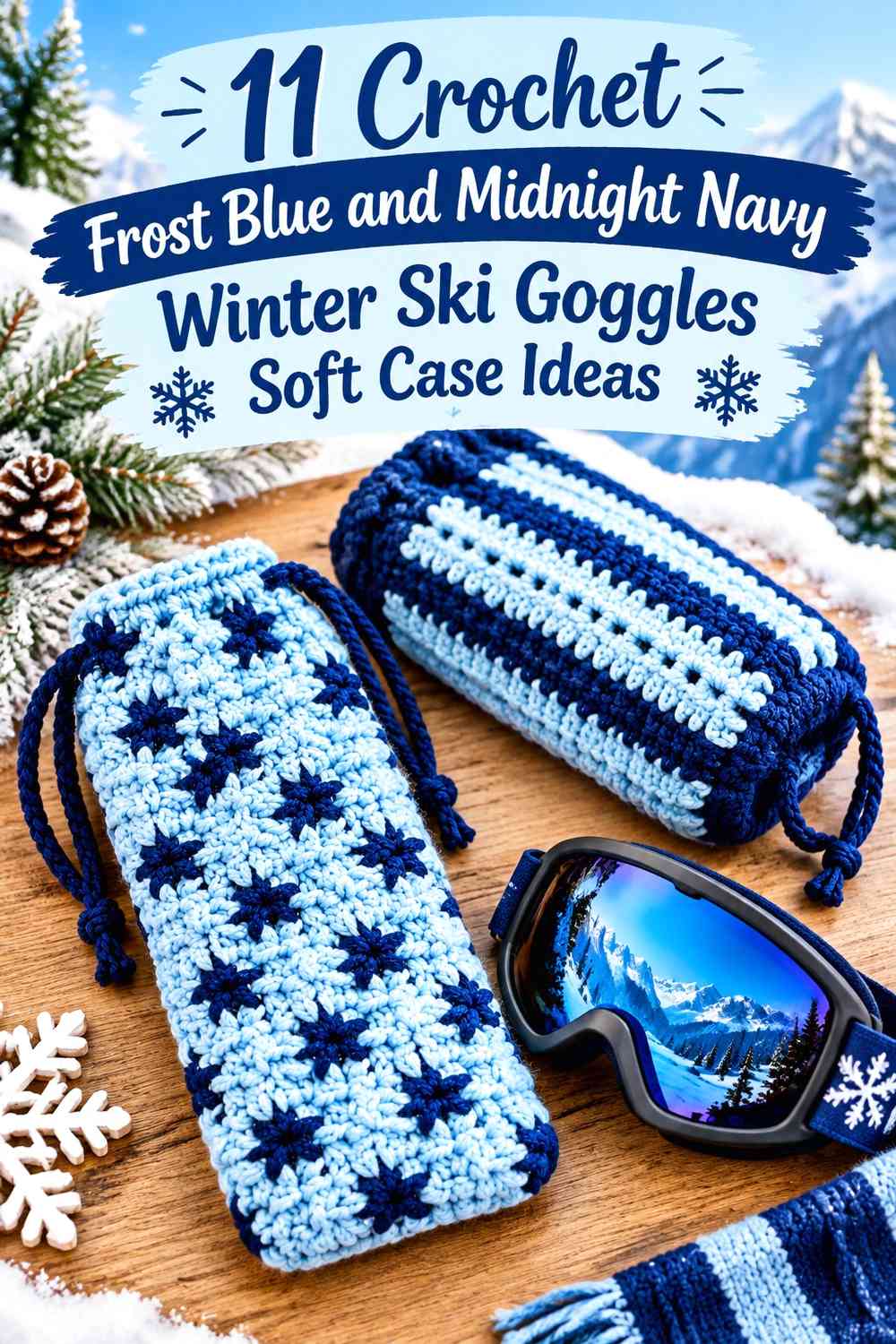 Crochet Frost Blue and Midnight Navy Winter Ski Goggles Soft Case Ideas