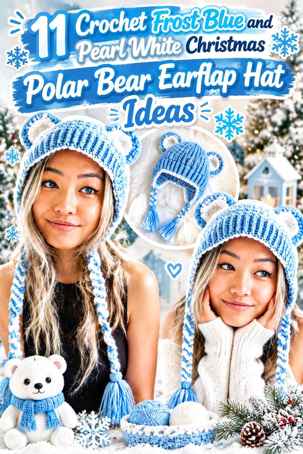 Crochet Frost Blue and Pearl White Christmas Polar Bear Earflap Hat Ideas