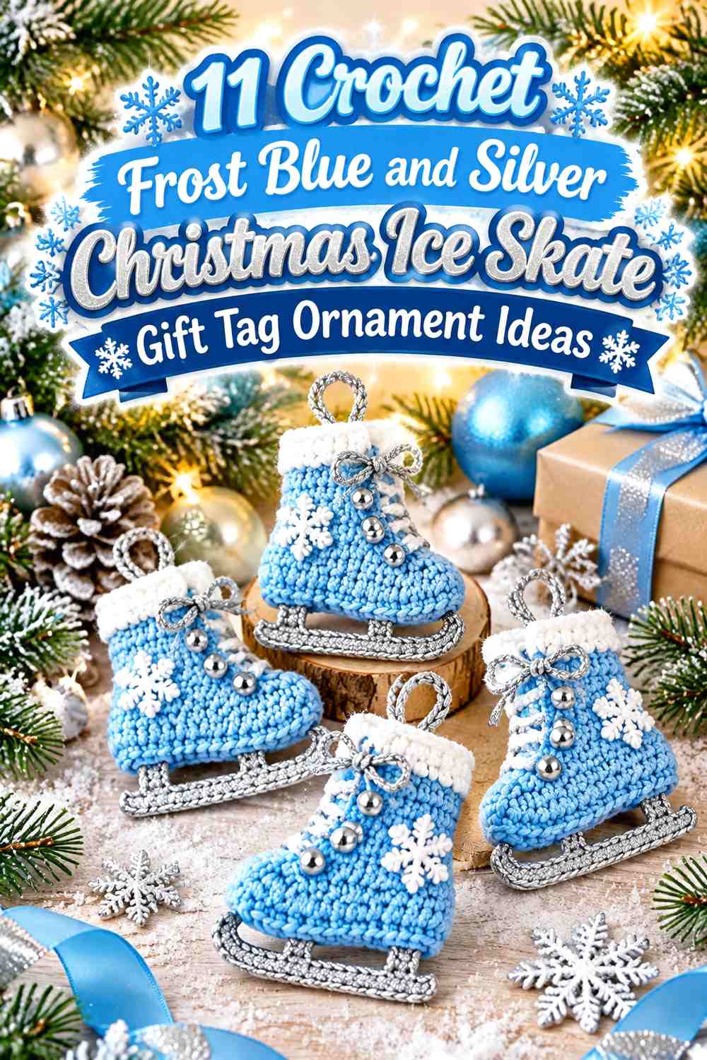 Crochet Frost Blue and Silver Christmas Ice Skate Gift Tag Ornament Ideas